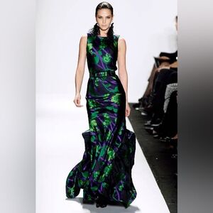 ♧^$6,000 OSCAR DE LA RENTA ADOREABLE SILK GREEN FLORAL RUNW DRESS GOWN 6